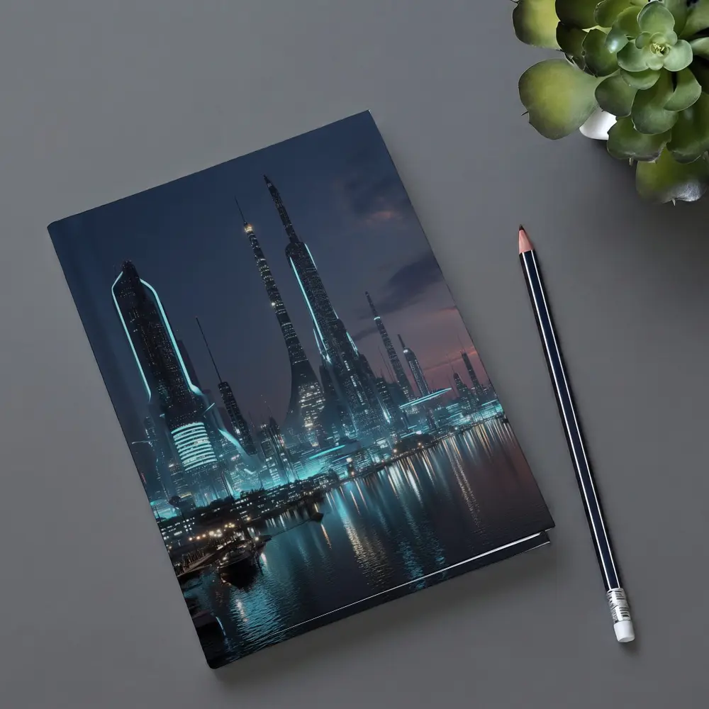 Futuristic City Skyline Glowing Waterfront Night – Notebooks
