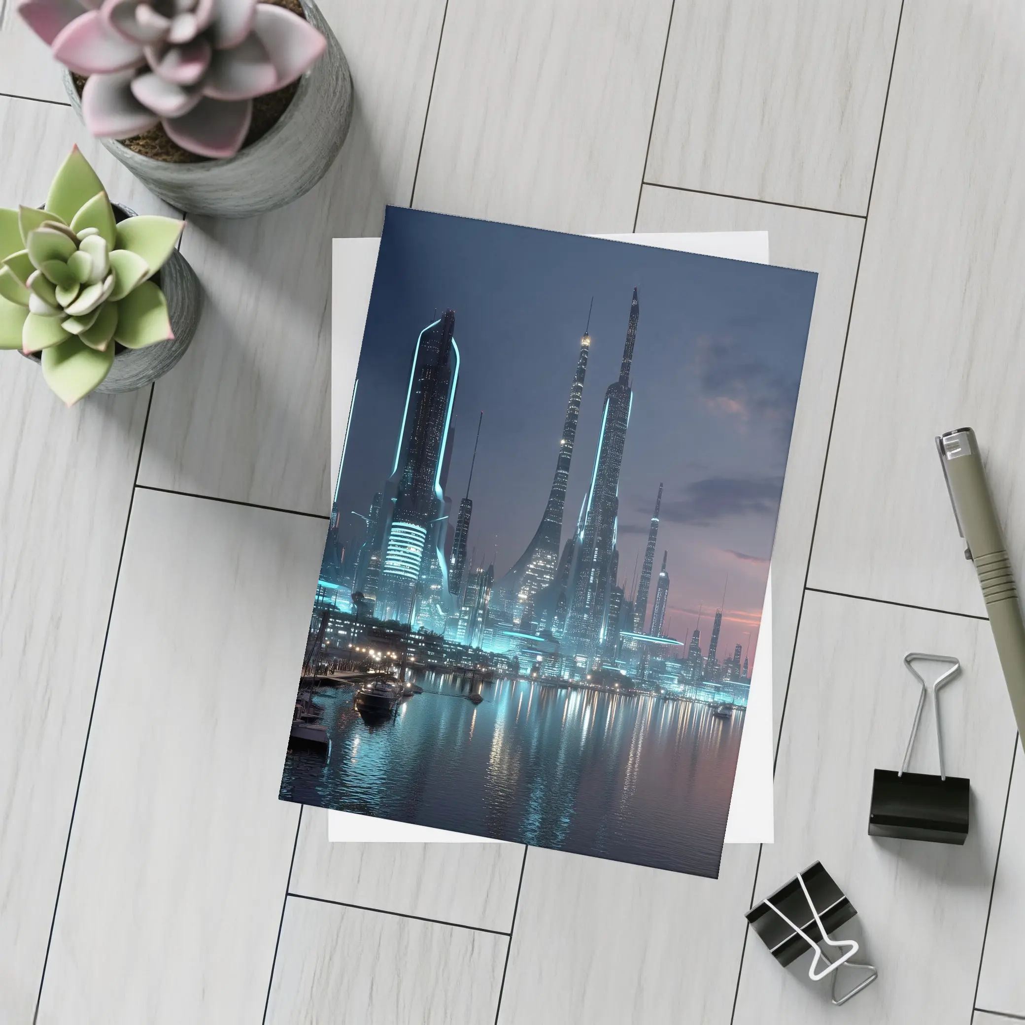 Futuristic City Skyline Glowing Waterfront Night – Postcards