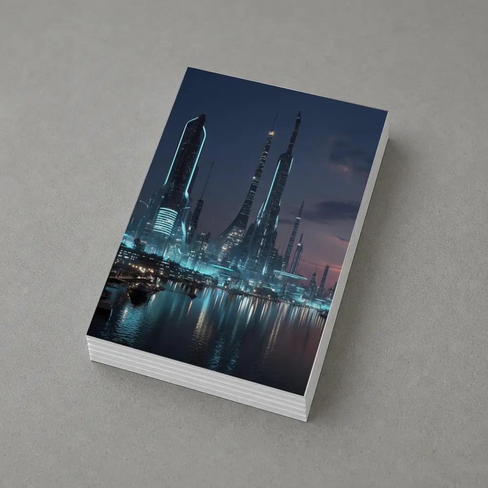 Futuristic City Skyline Glowing Waterfront Night – Postcards
