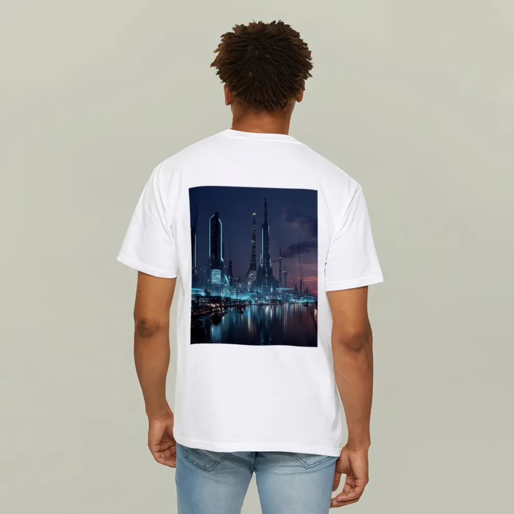 Futuristic City Skyline Glowing Waterfront Night – T-Shirts
