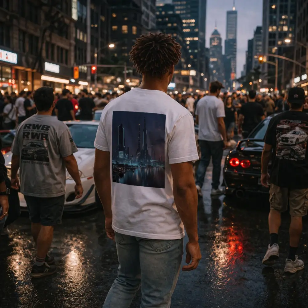 Futuristic City Skyline Glowing Waterfront Night – T-Shirts