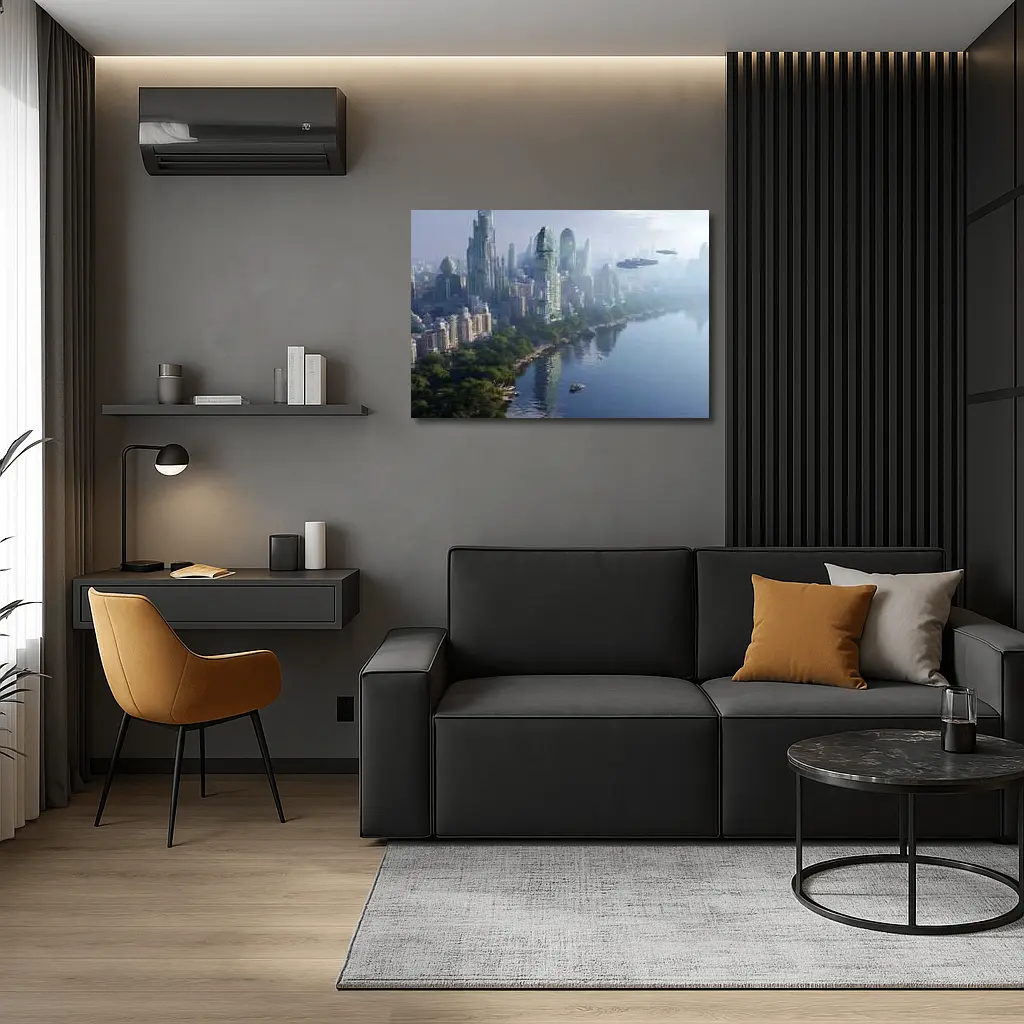 Futuristic City Skyline With Flying Spacecraft – Wall Art