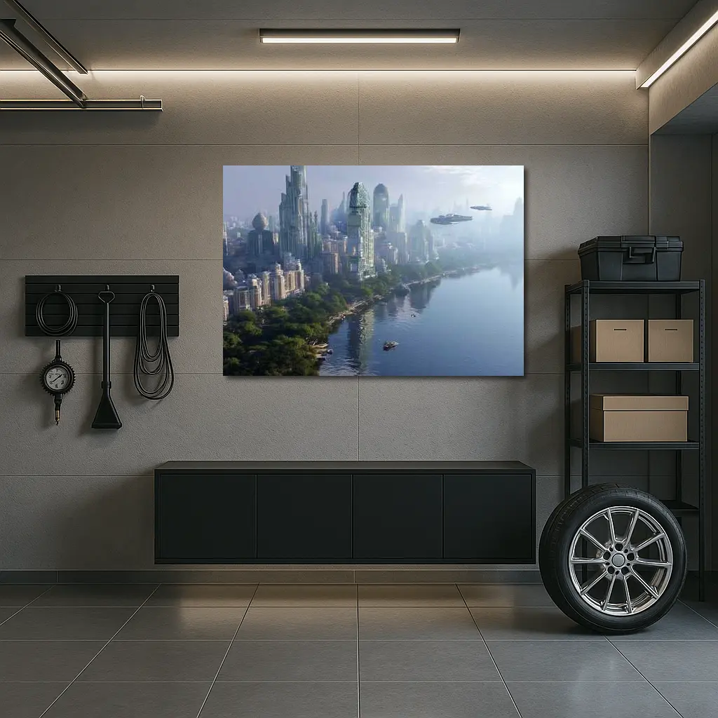 Futuristic City Skyline With Flying Spacecraft – Wall Art