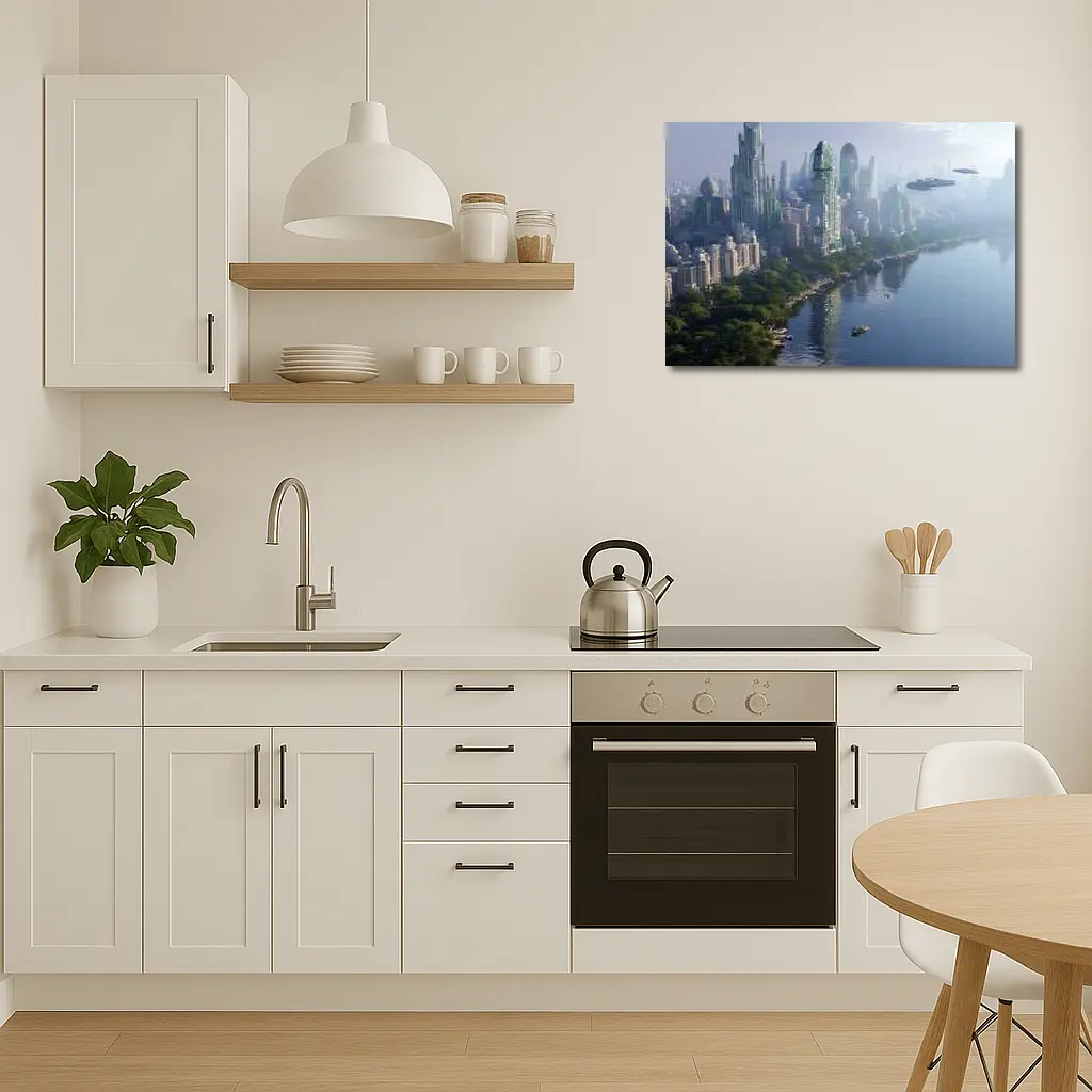 Futuristic City Skyline With Flying Spacecraft – Wall Art