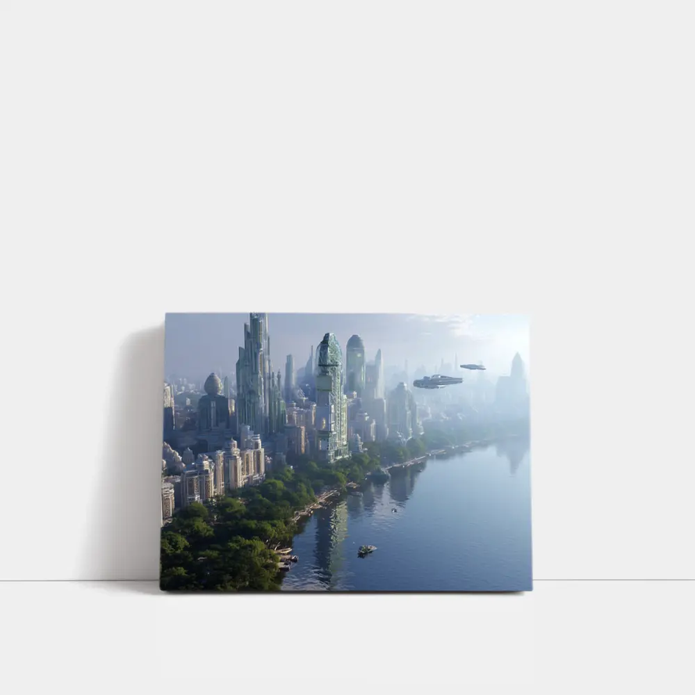 Futuristic City Skyline With Flying Spacecraft – Wall Art