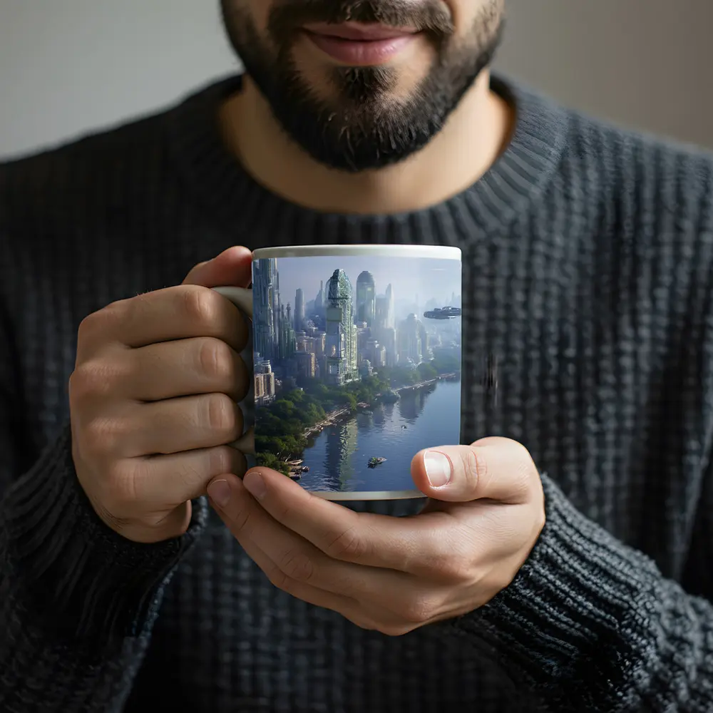 Futuristic City Skyline With Flying Spacecraft – Mugs