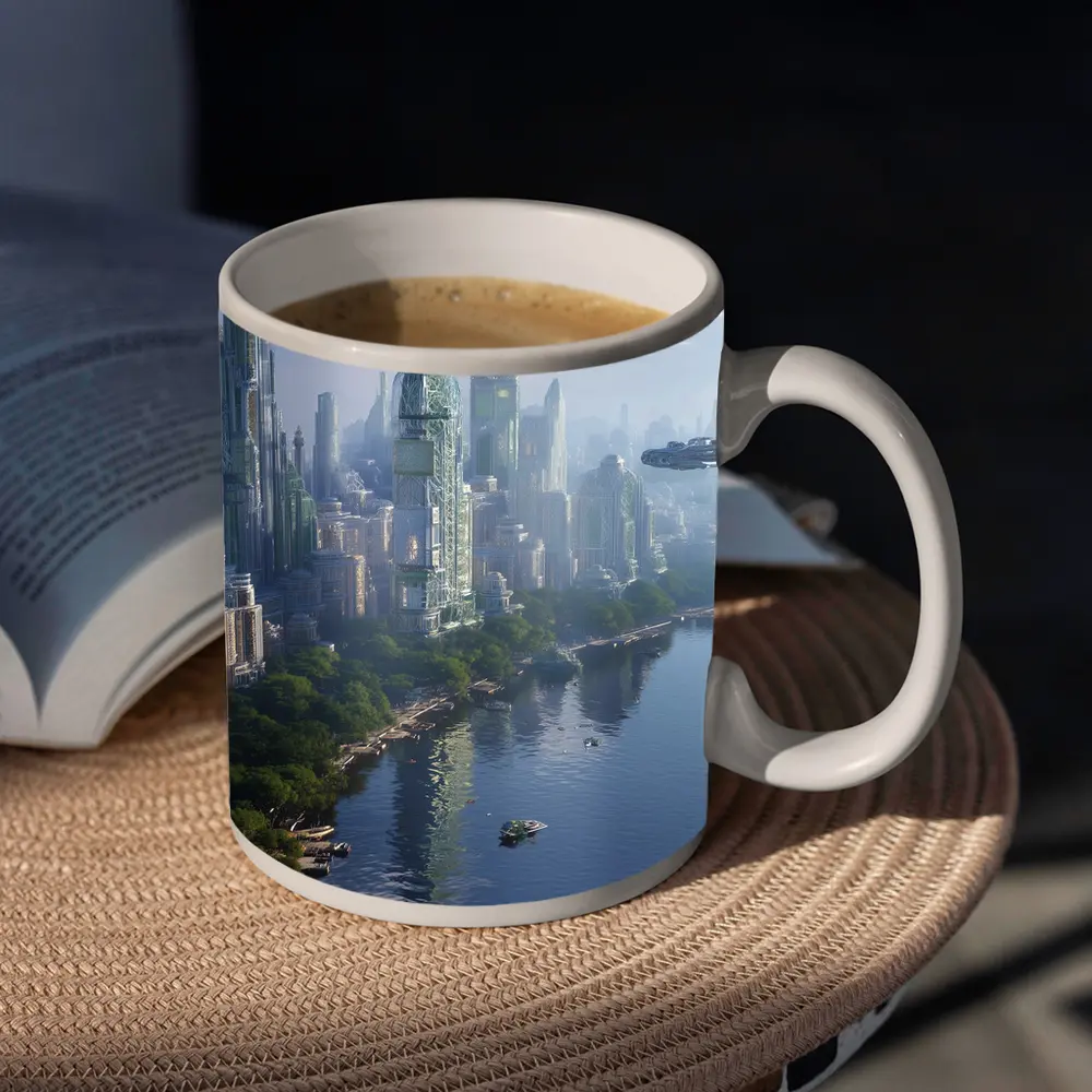 Futuristic City Skyline With Flying Spacecraft – Mugs
