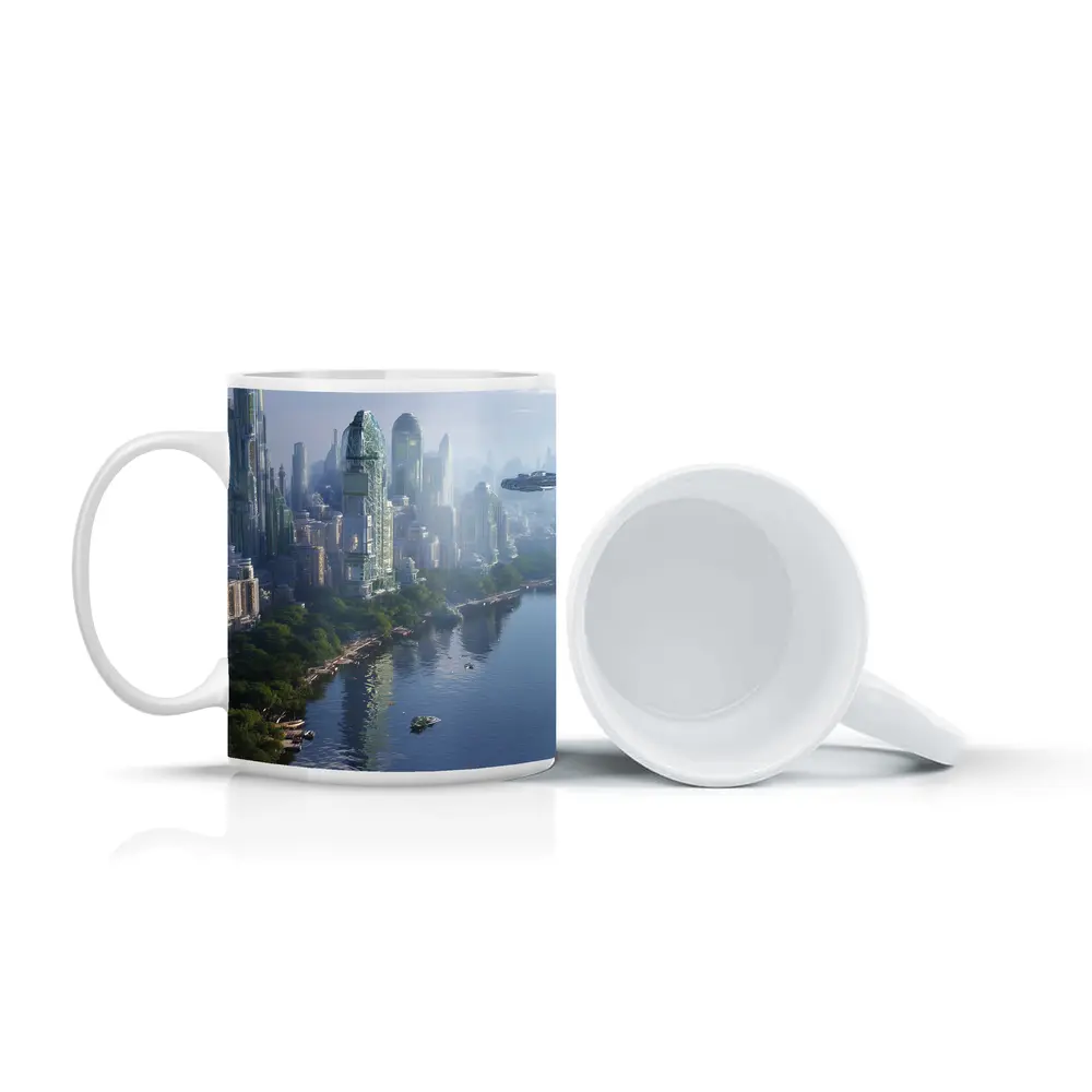 Futuristic City Skyline With Flying Spacecraft – Mugs