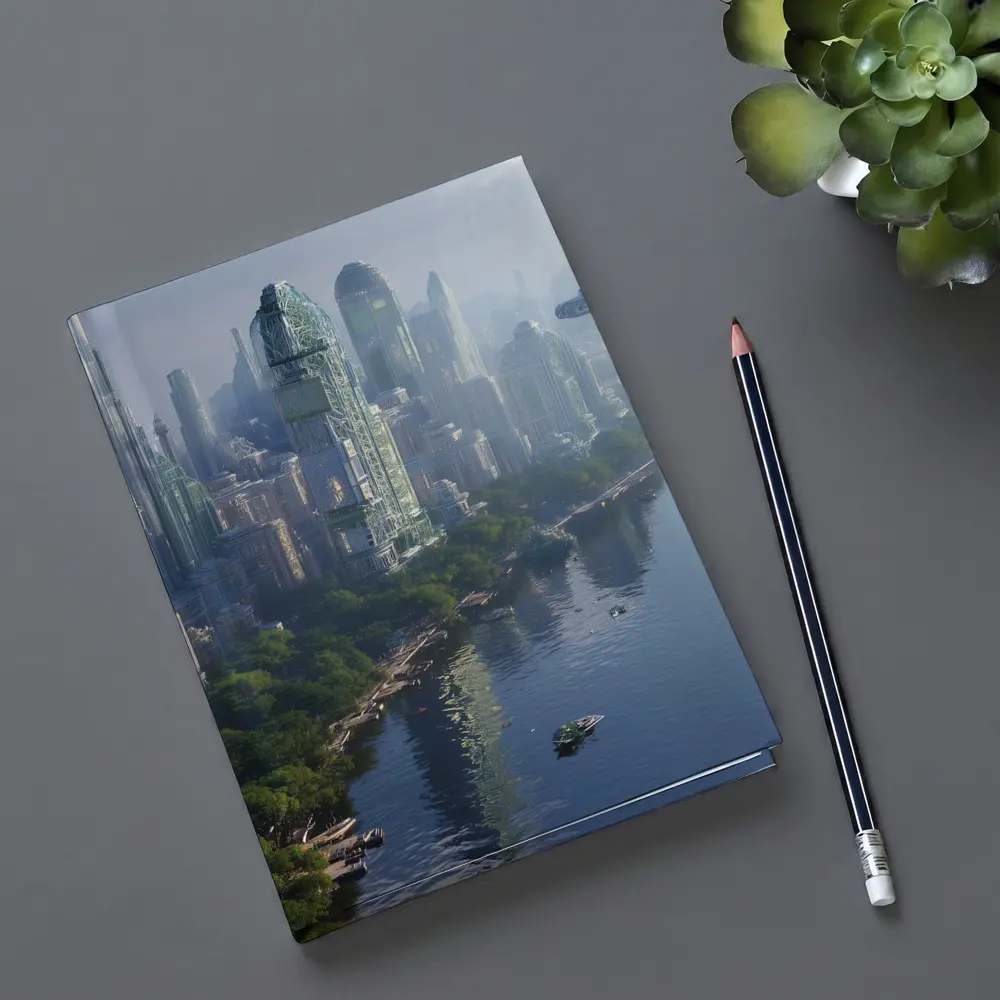Futuristic City Skyline With Flying Spacecraft – Notebooks