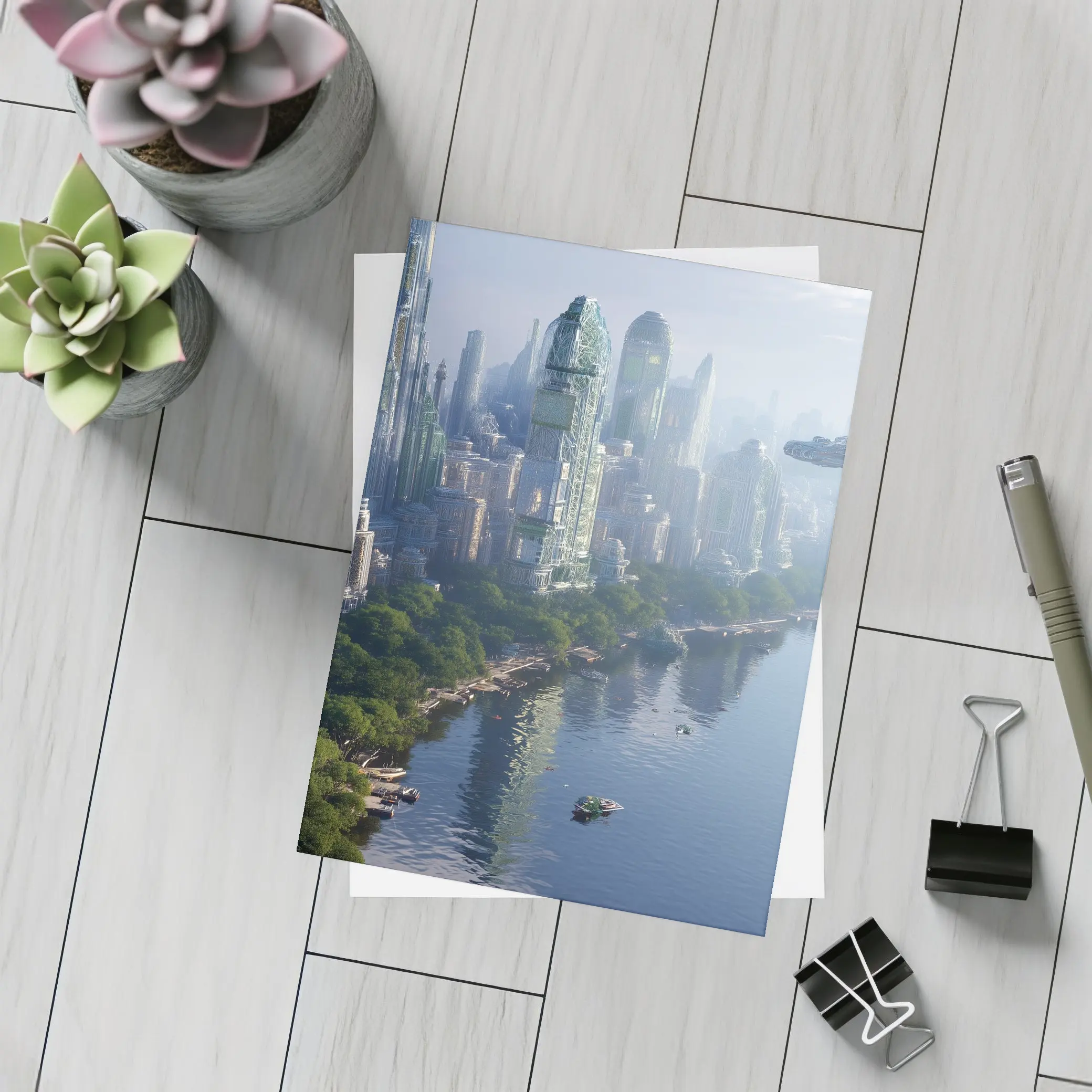 Futuristic City Skyline With Flying Spacecraft – Postcards
