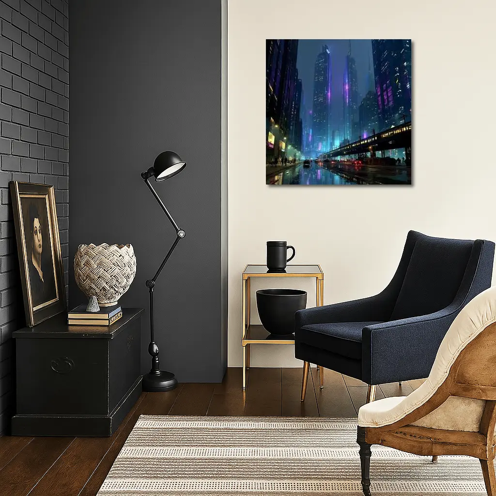 Cyberpunk City Night Neon Rainy Street – Wall Art