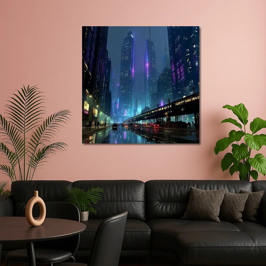 Cyberpunk City Night Neon Rainy Street – Wall Art