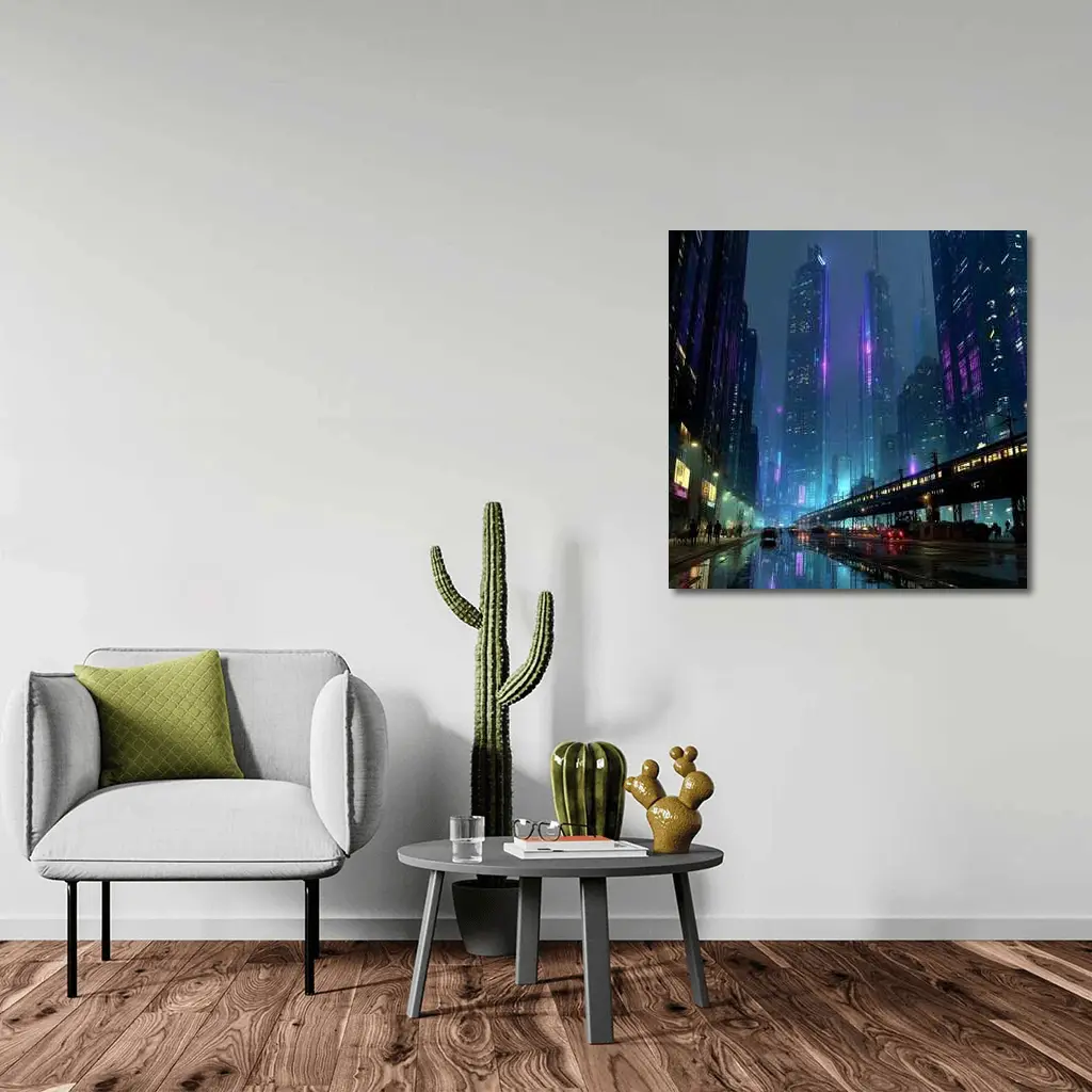 Cyberpunk City Night Neon Rainy Street – Wall Art