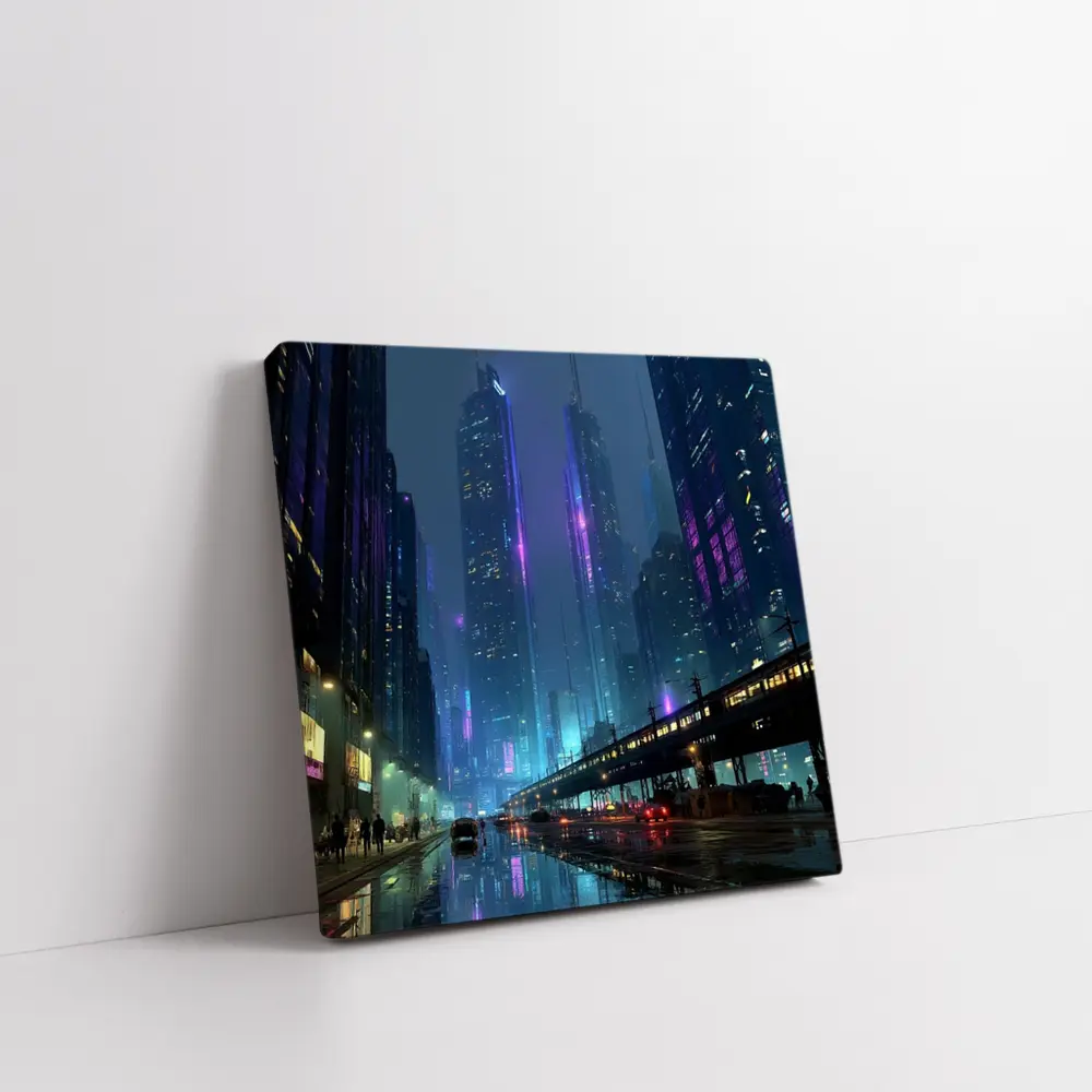 Cyberpunk City Night Neon Rainy Street – Wall Art