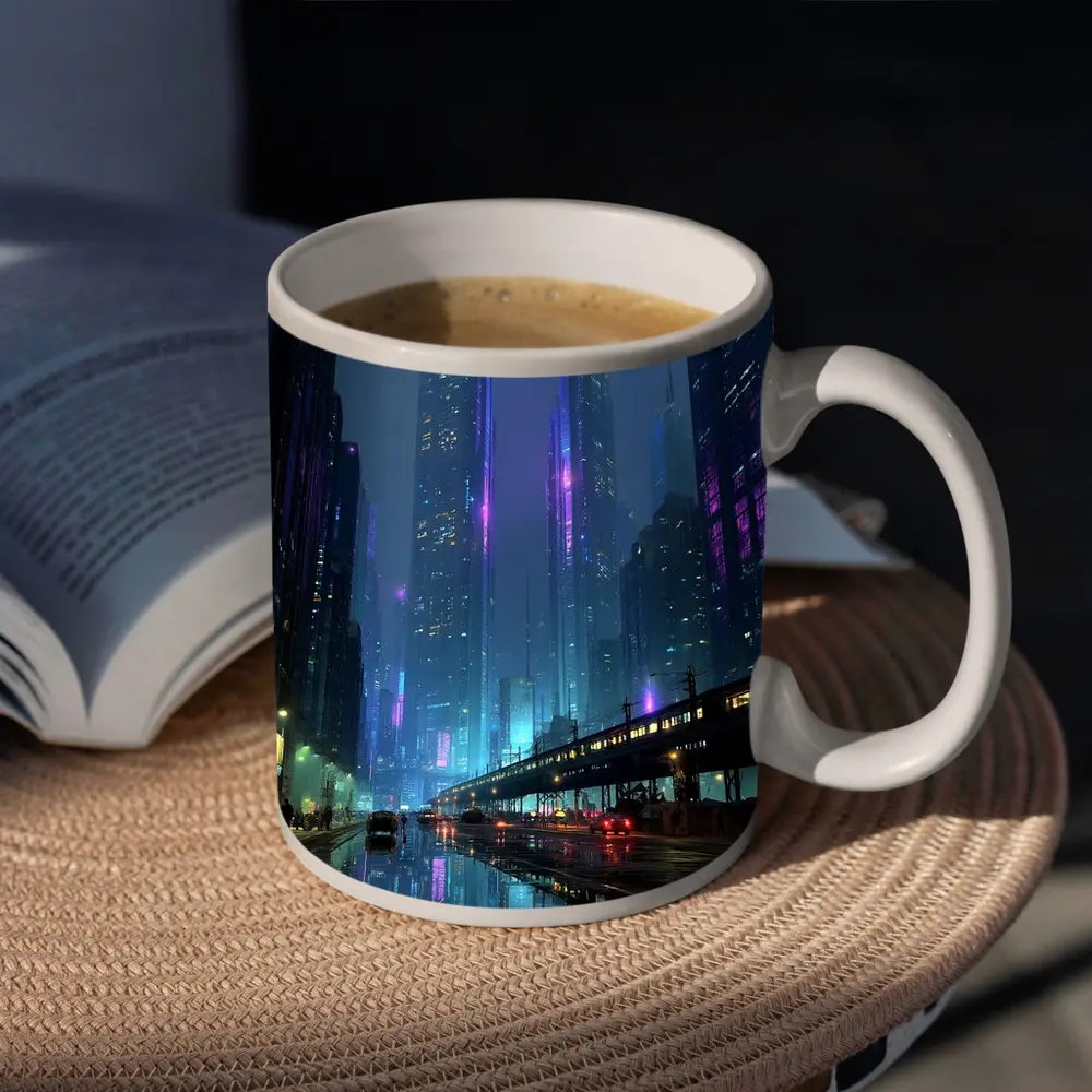 Cyberpunk City Night Neon Rainy Street – Mugs