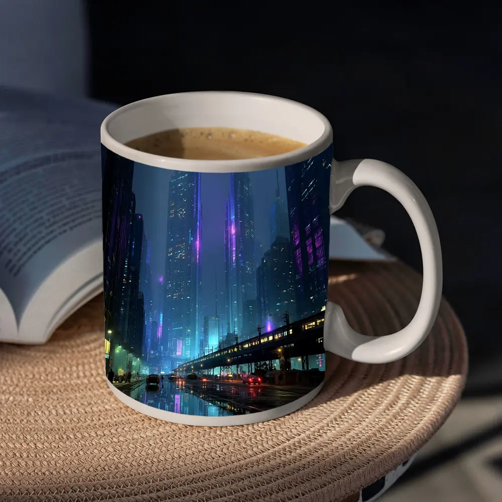 Cyberpunk City Night Neon Rainy Street – Mugs