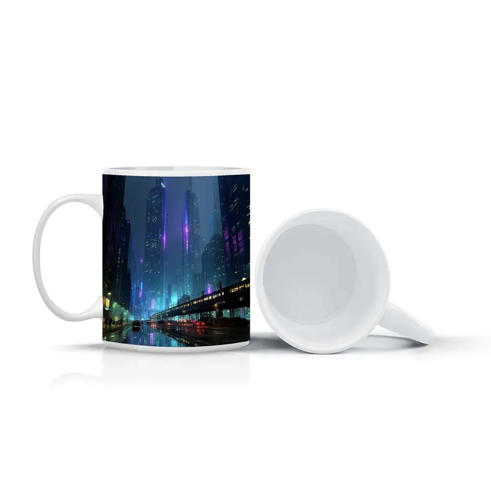 Cyberpunk City Night Neon Rainy Street – Mugs