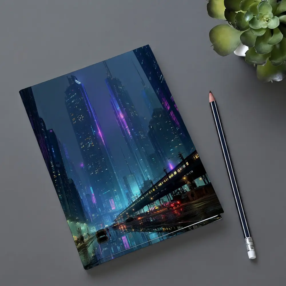 Cyberpunk City Night Neon Rainy Street – Notebooks