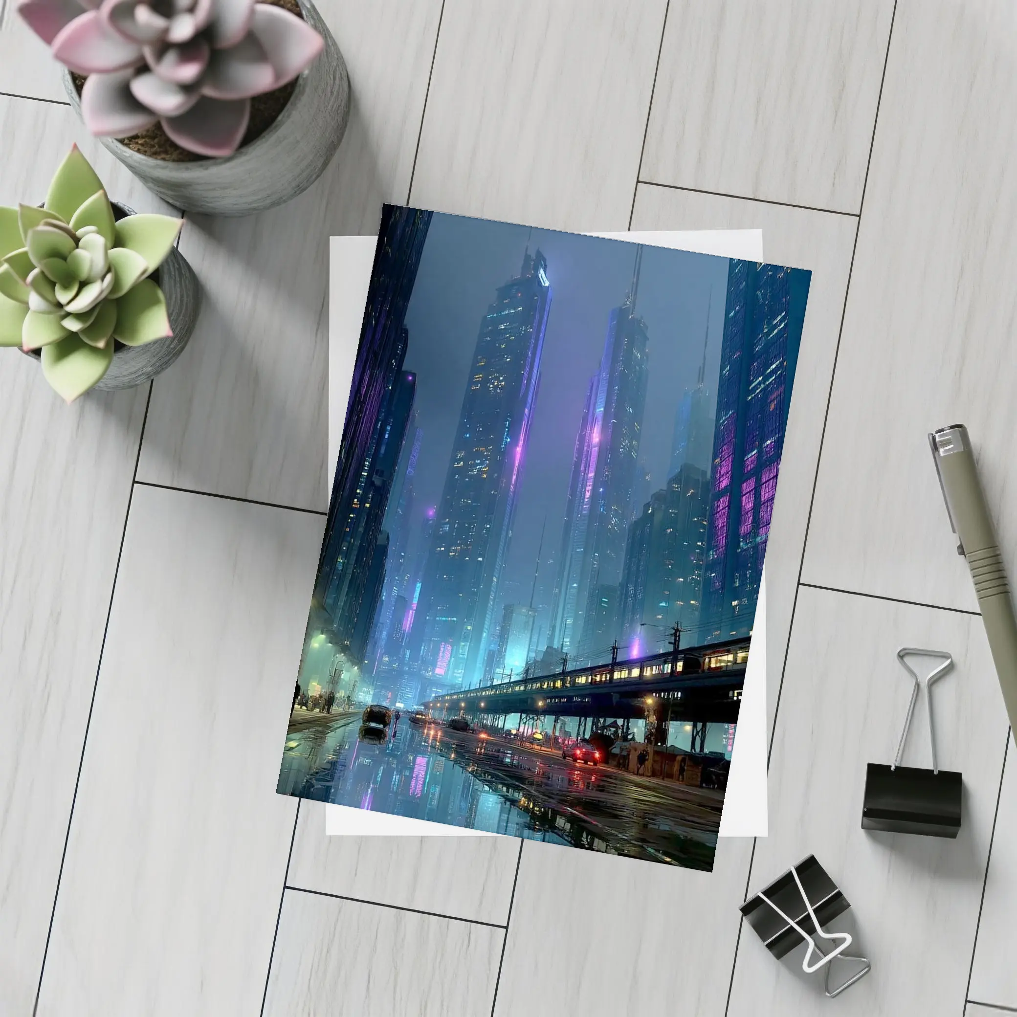 Cyberpunk City Night Neon Rainy Street – Postcards