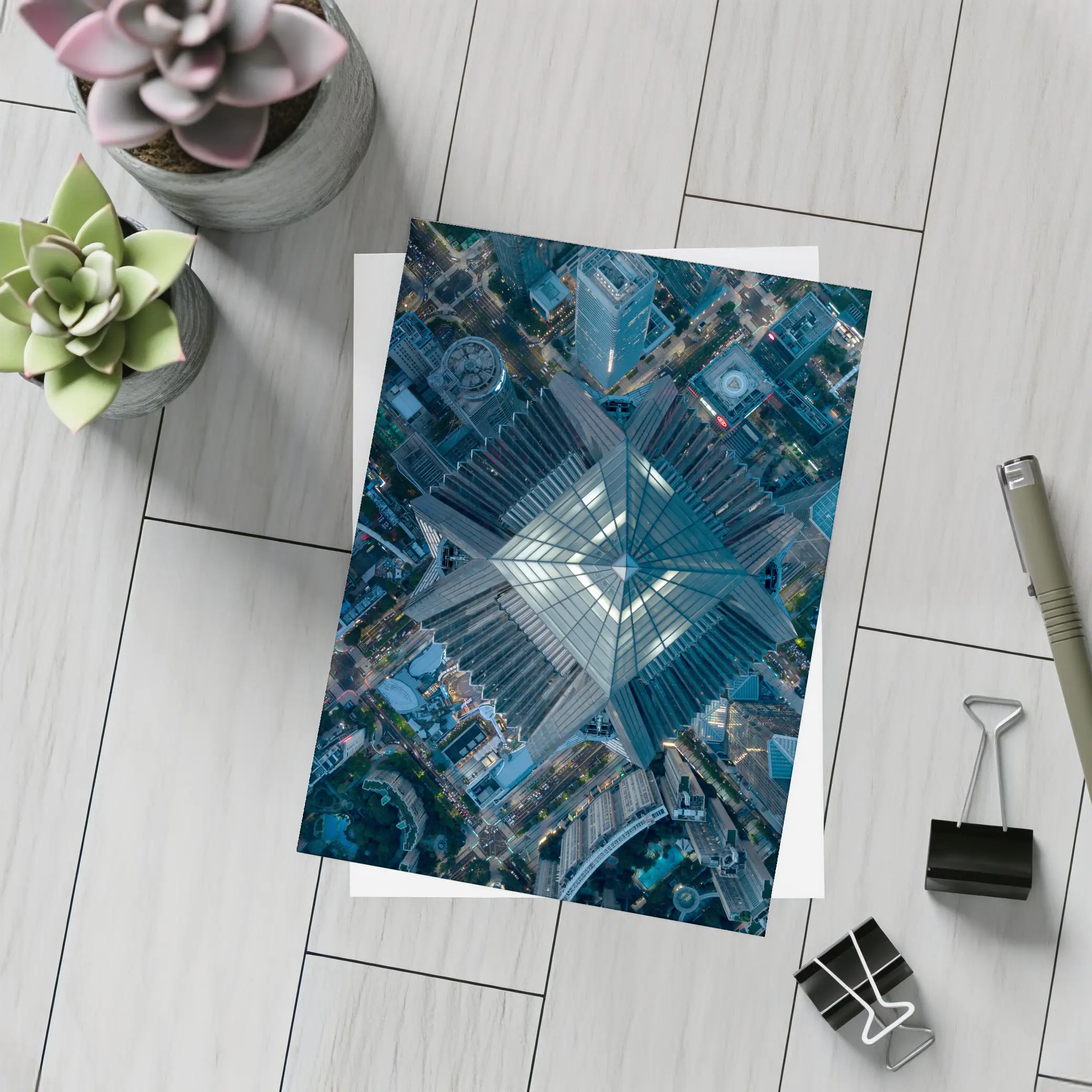 Aerial View Skyscraper Top City Night – Postcards