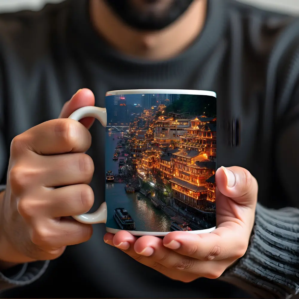 Chongqing River District Glowing At Night – Mugs
