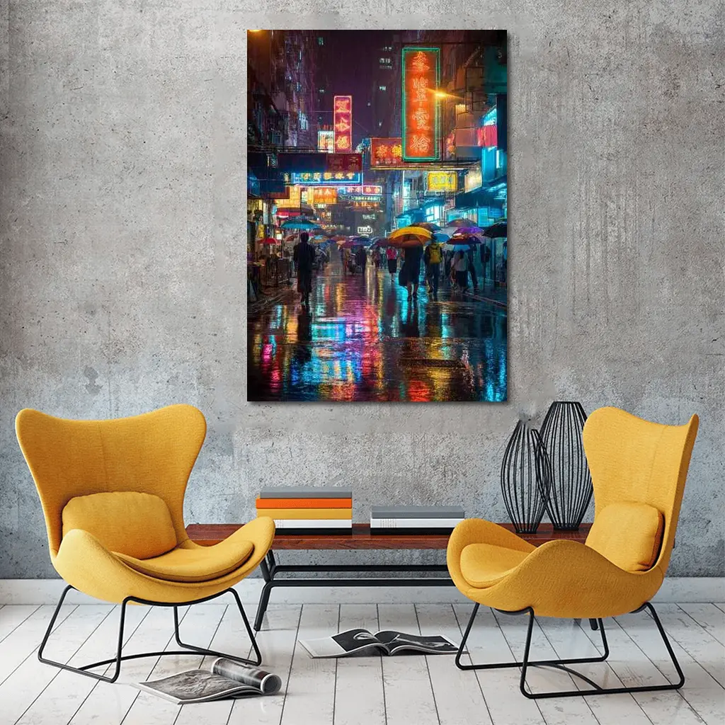 Hong Kong Neon Street Rain Night Scene – Wall Art