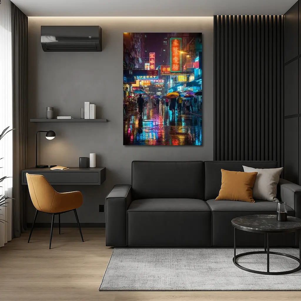 Hong Kong Neon Street Rain Night Scene – Wall Art