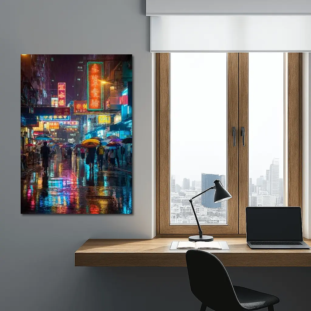 Hong Kong Neon Street Rain Night Scene – Wall Art