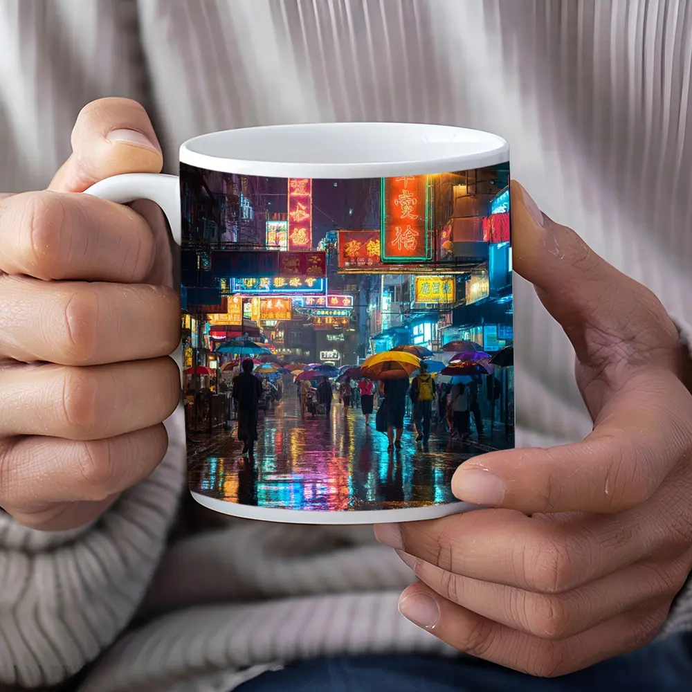 Hong Kong Neon Street Rain Night Scene – Mugs