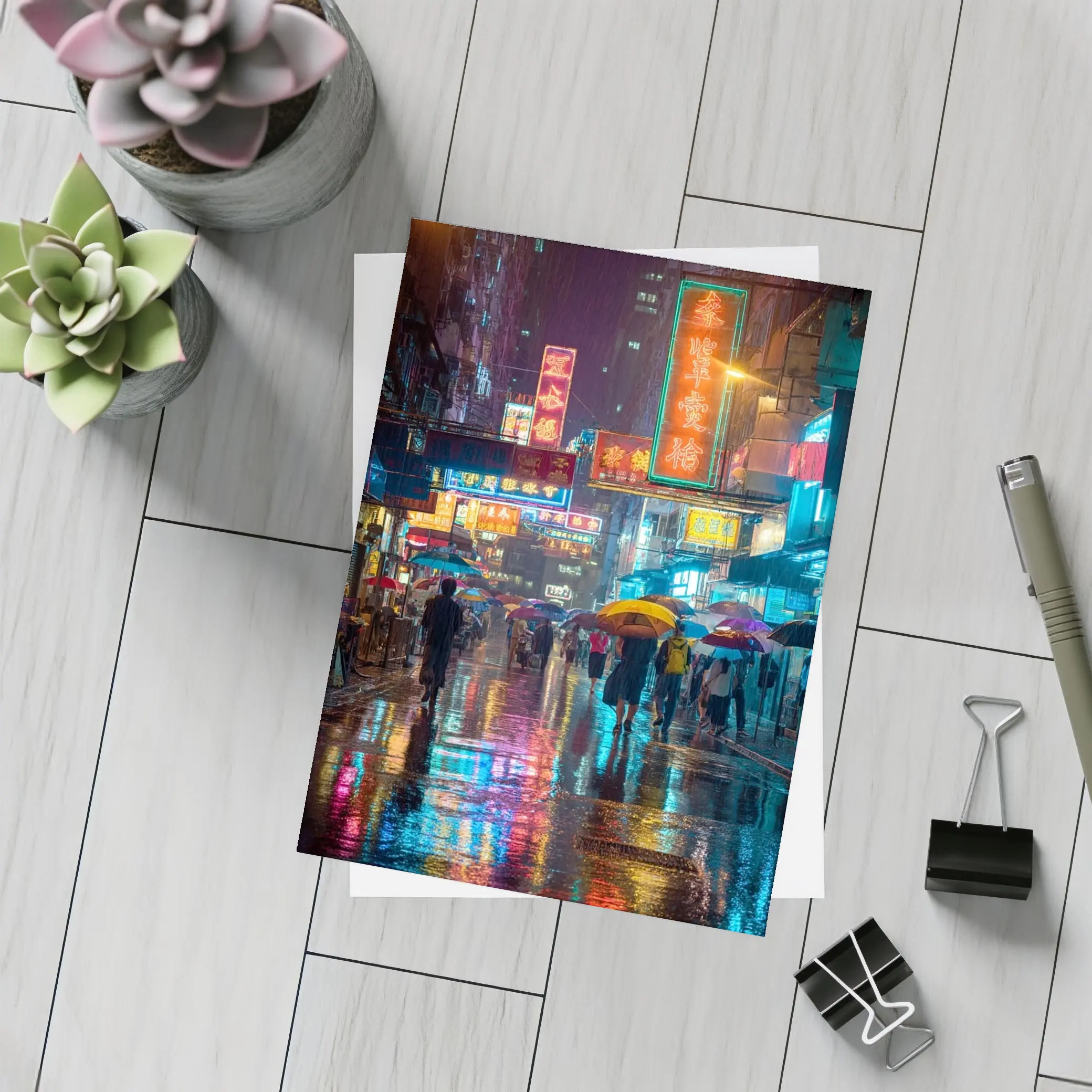 Hong Kong Neon Street Rain Night Scene – Postcards