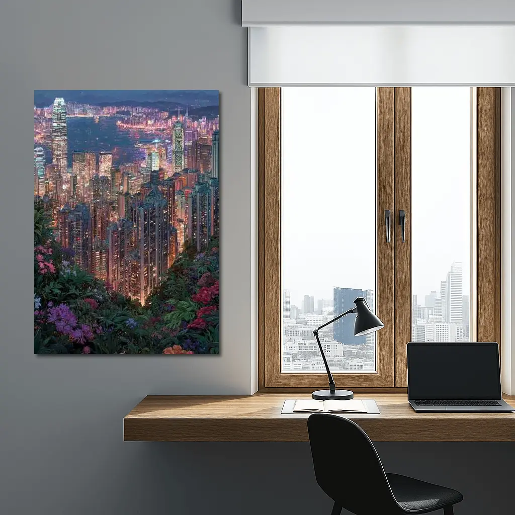 Hong Kong City Night Lights Floral View – Wall Art