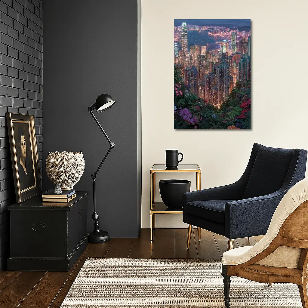Hong Kong City Night Lights Floral View – Wall Art