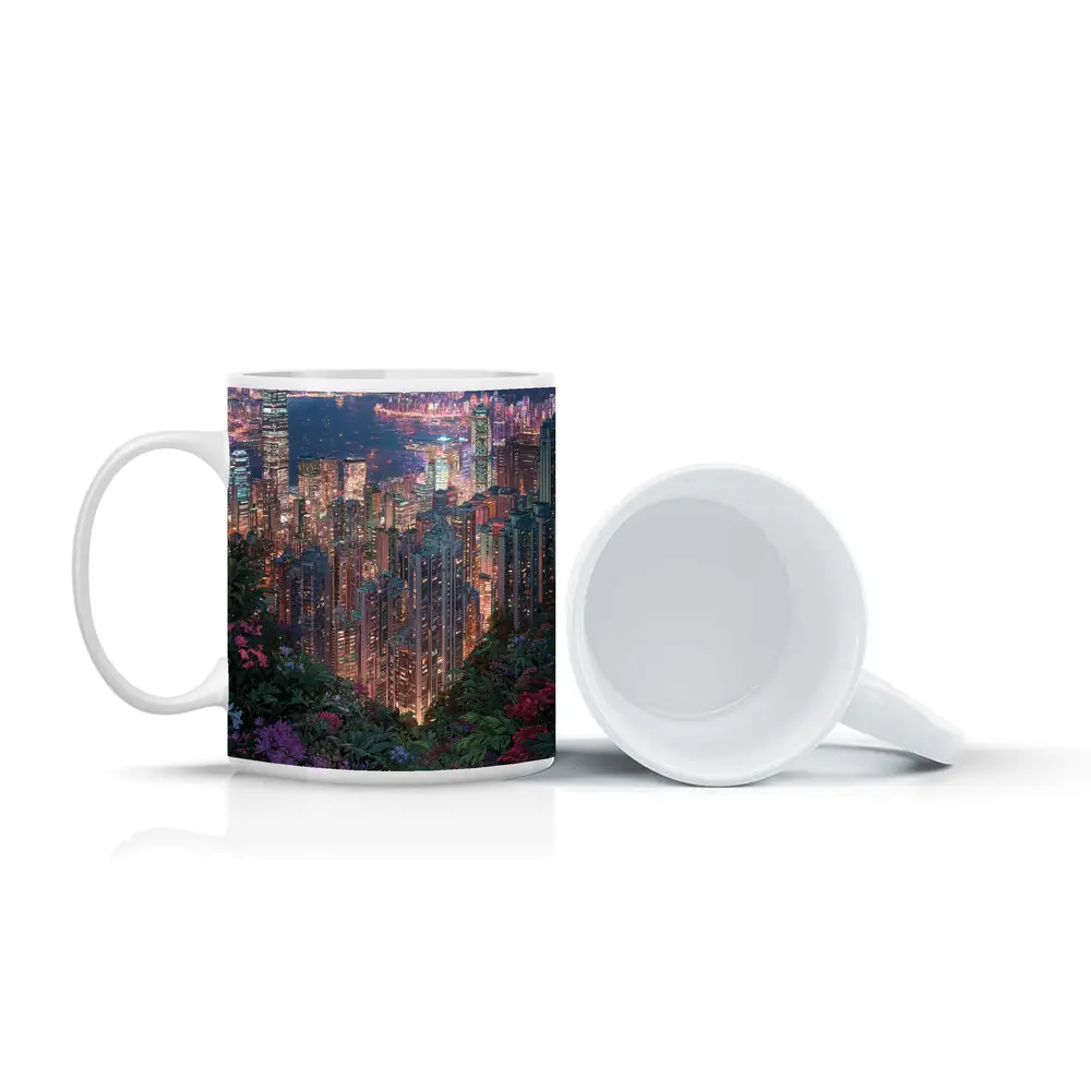 Hong Kong City Night Lights Floral View – Mugs