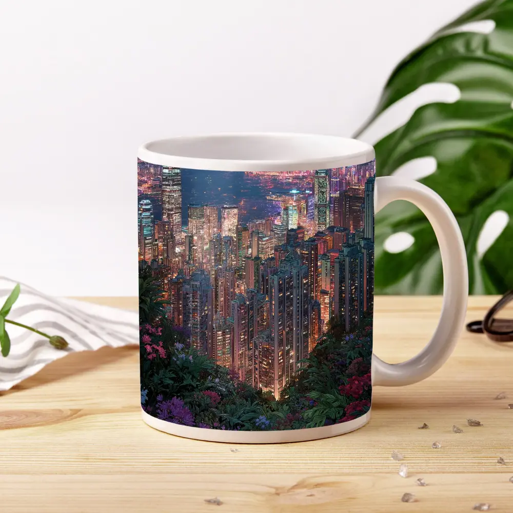 Hong Kong City Night Lights Floral View – Mugs