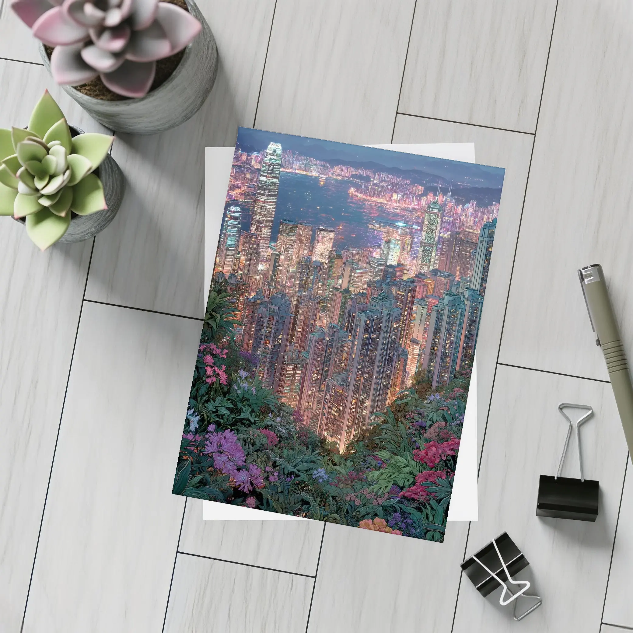 Hong Kong City Night Lights Floral View – Postcards