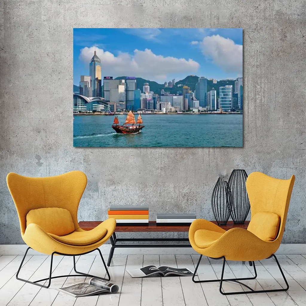 Hong Kong Harbor Skyline with Traditional Junk Boat – Wall Art