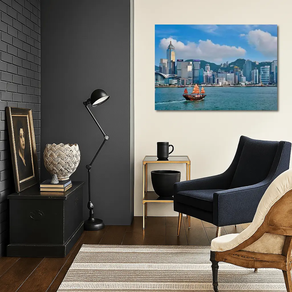 Hong Kong Harbor Skyline with Traditional Junk Boat – Wall Art