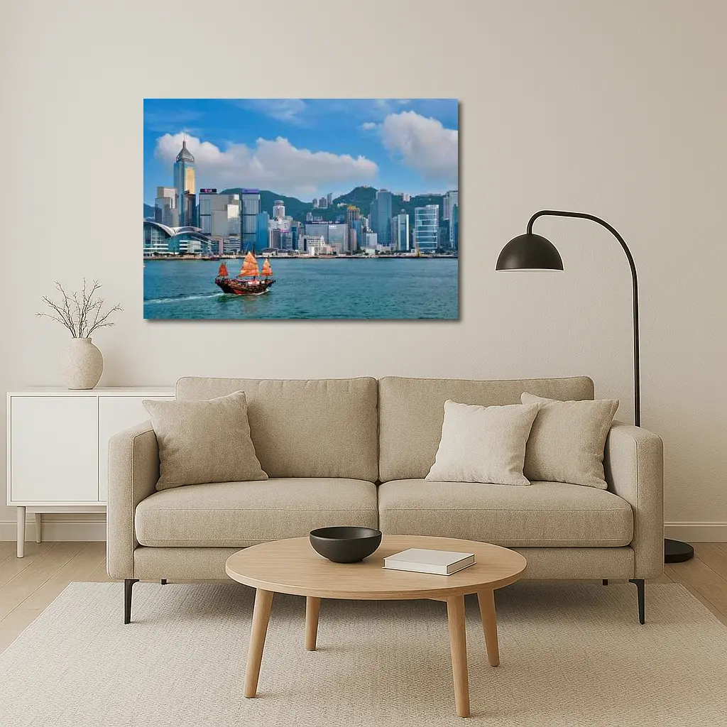 Hong Kong Harbor Skyline with Traditional Junk Boat – Wall Art
