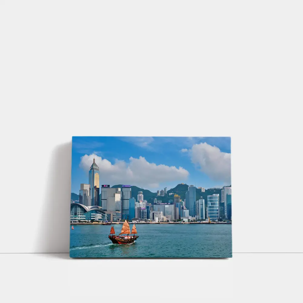Hong Kong Harbor Skyline with Traditional Junk Boat – Wall Art