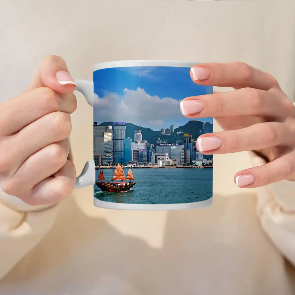 Hong Kong Harbor Skyline with Traditional Junk Boat – Mugs