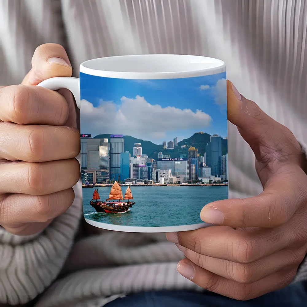 Hong Kong Harbor Skyline with Traditional Junk Boat – Mugs