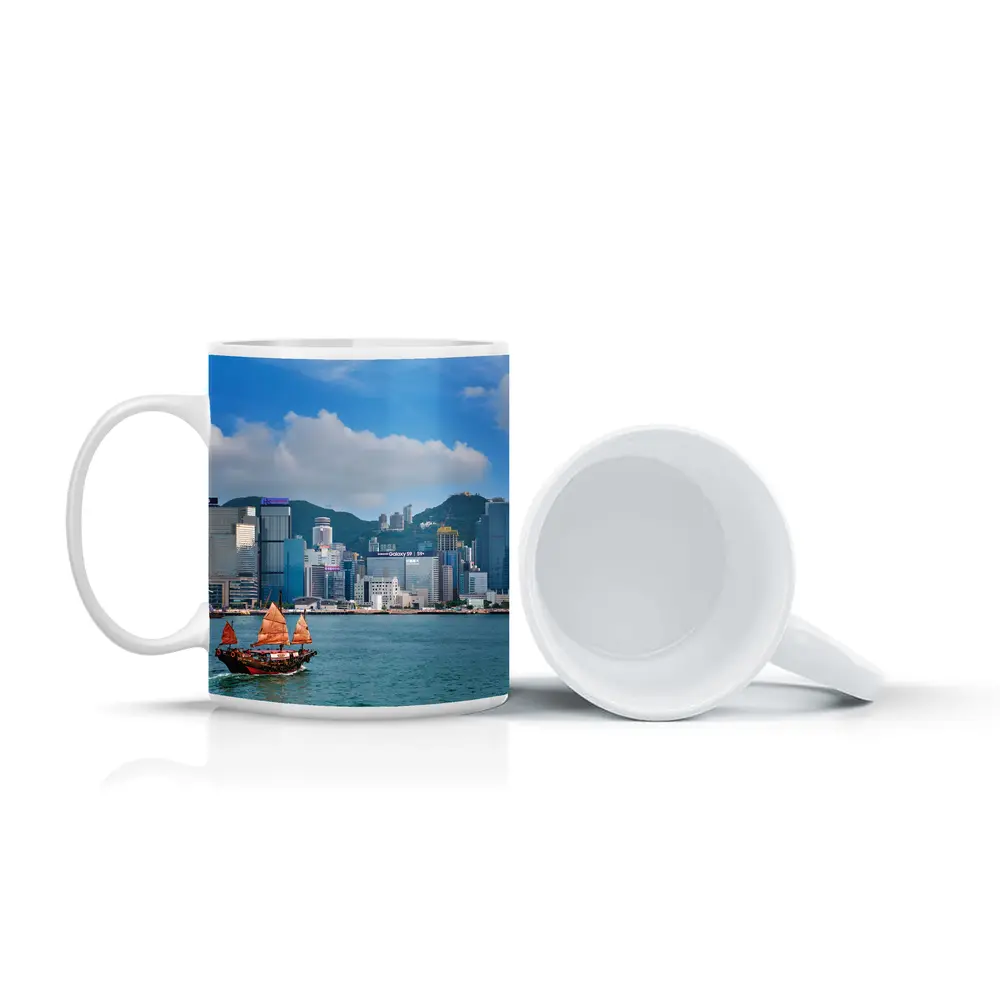 Hong Kong Harbor Skyline with Traditional Junk Boat – Mugs