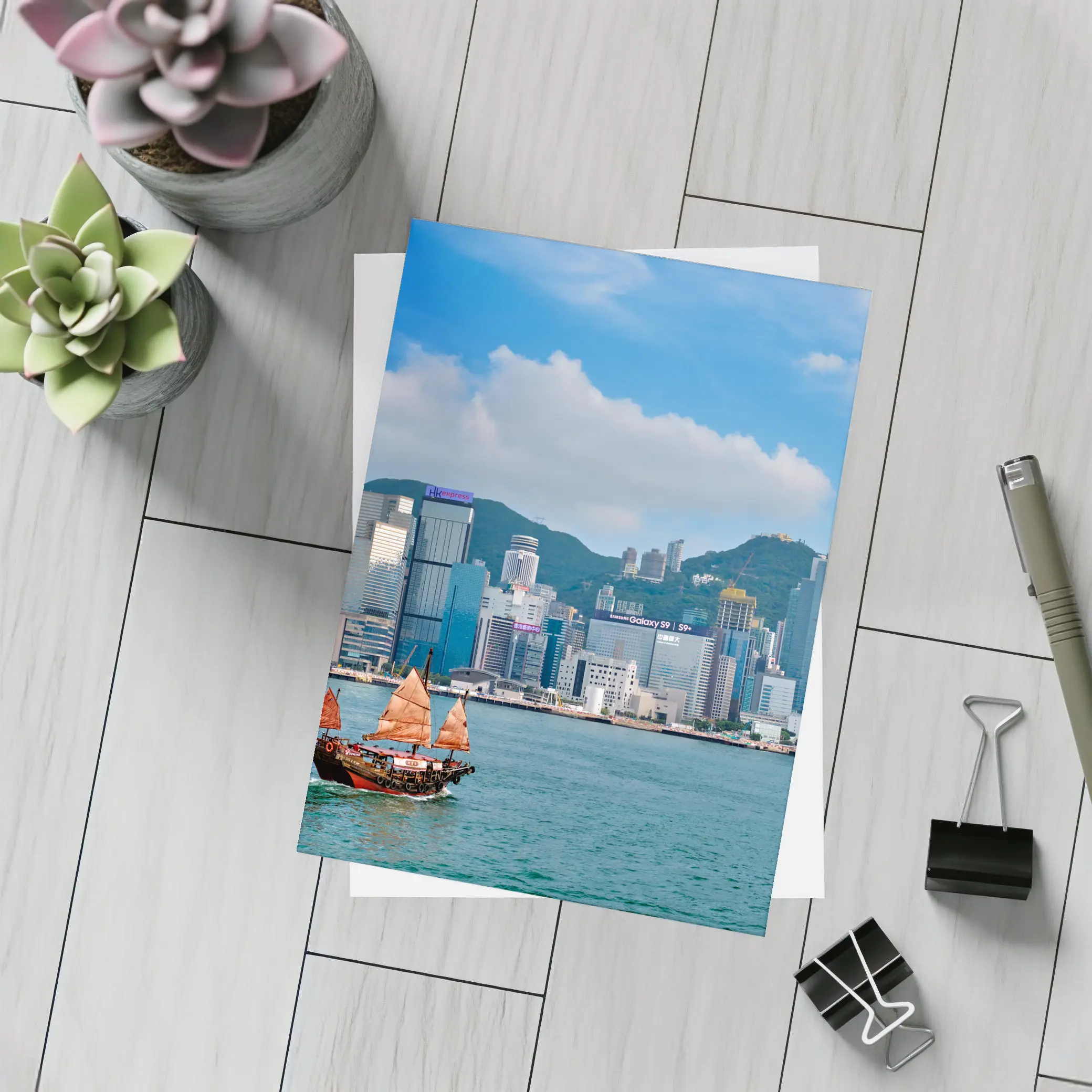 Hong Kong Harbor Skyline with Traditional Junk Boat – Postcards