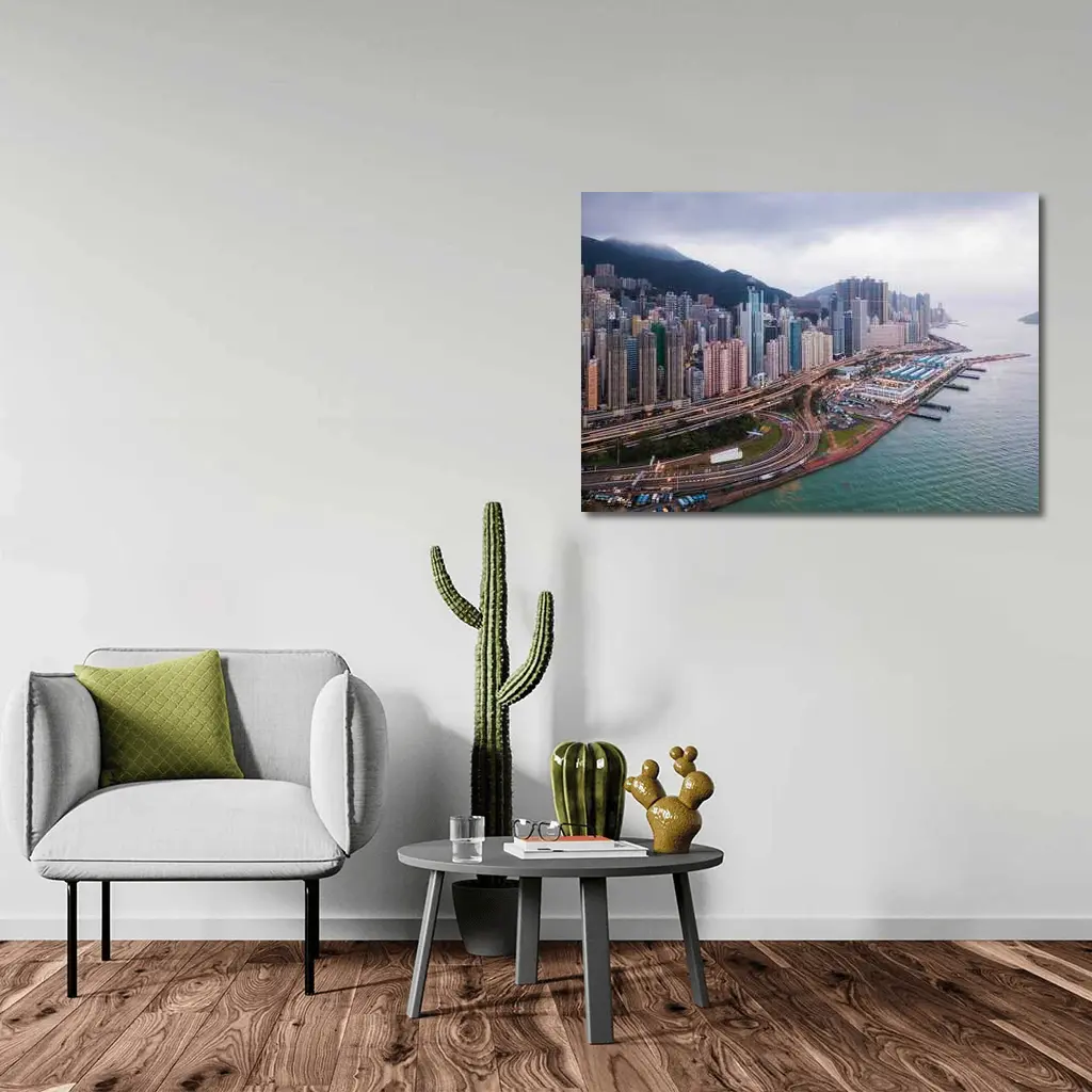 Hong Kong Aerial Skyline Waterfront Overcast View – Wall Art
