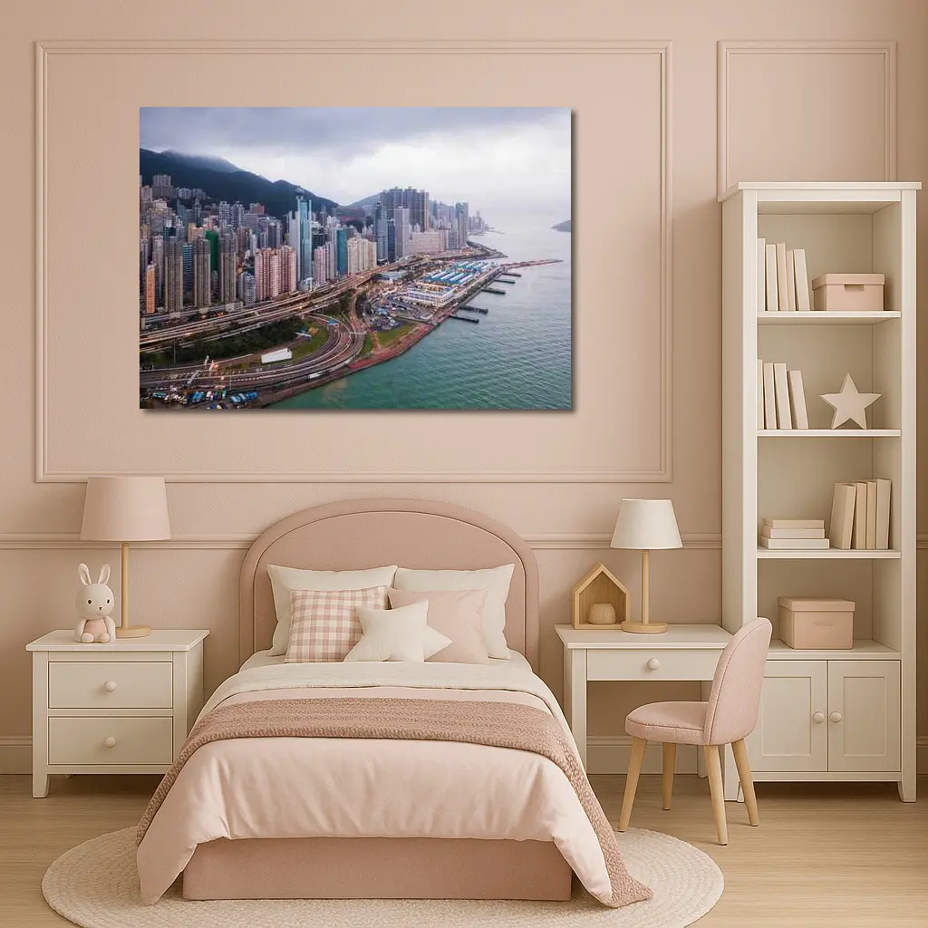 Hong Kong Aerial Skyline Waterfront Overcast View – Wall Art