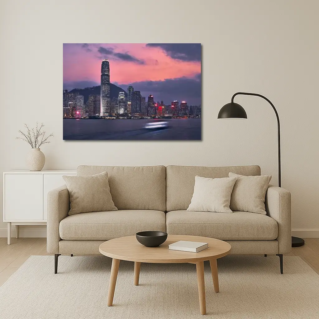 Hong Kong Skyline at Purple Dusk Waterfront – Wall Art