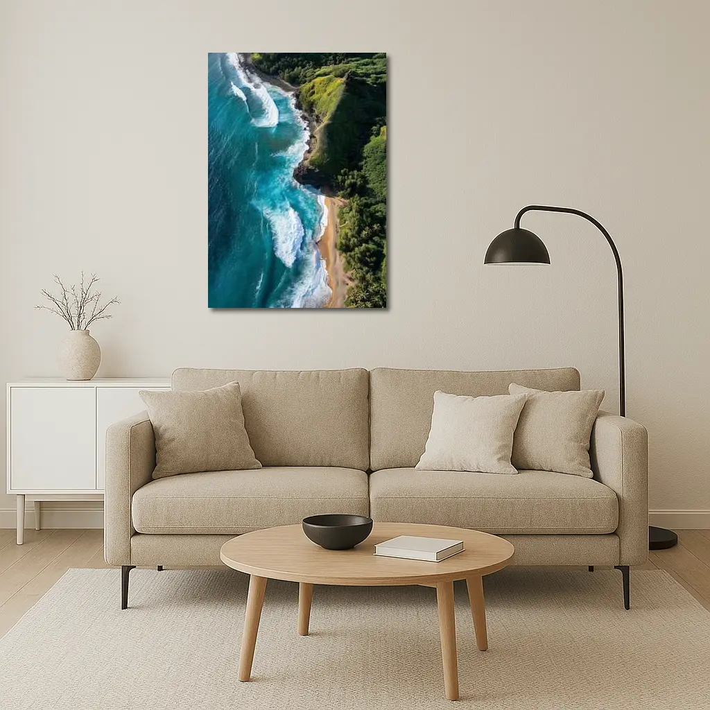 Aerial Tropical Beach Coastline Turquoise Ocean Waves – Wall Art