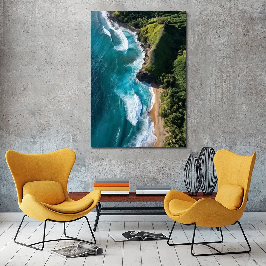 Aerial Tropical Beach Coastline Turquoise Ocean Waves – Wall Art