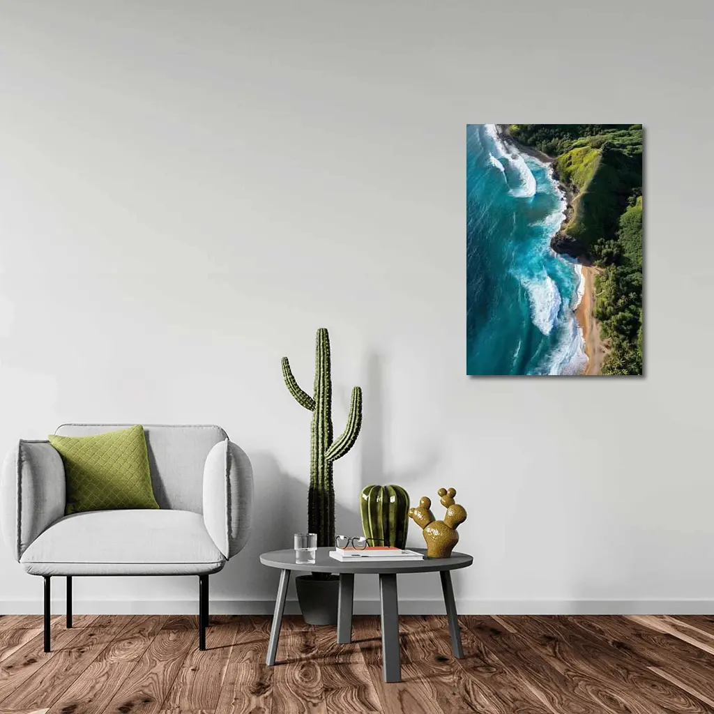 Aerial Tropical Beach Coastline Turquoise Ocean Waves – Wall Art