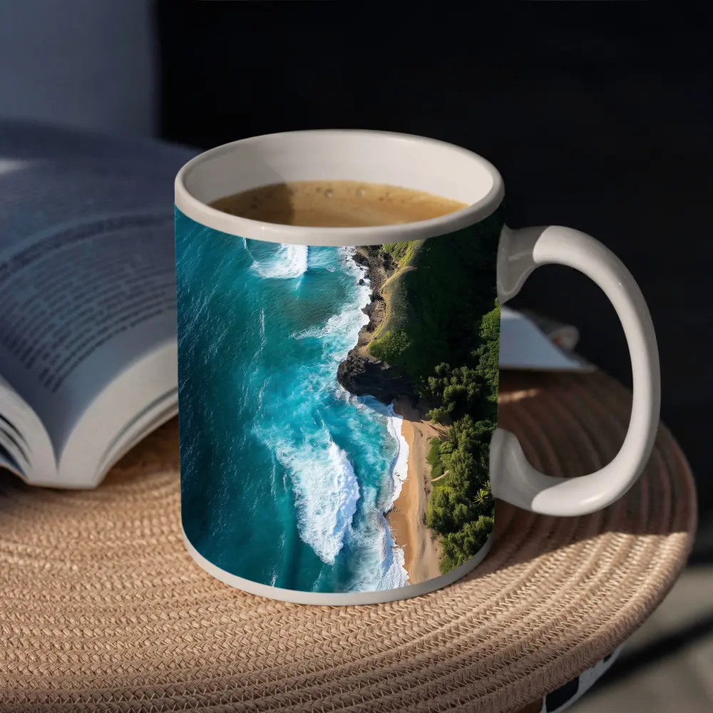 Aerial Tropical Beach Coastline Turquoise Ocean Waves – Mugs